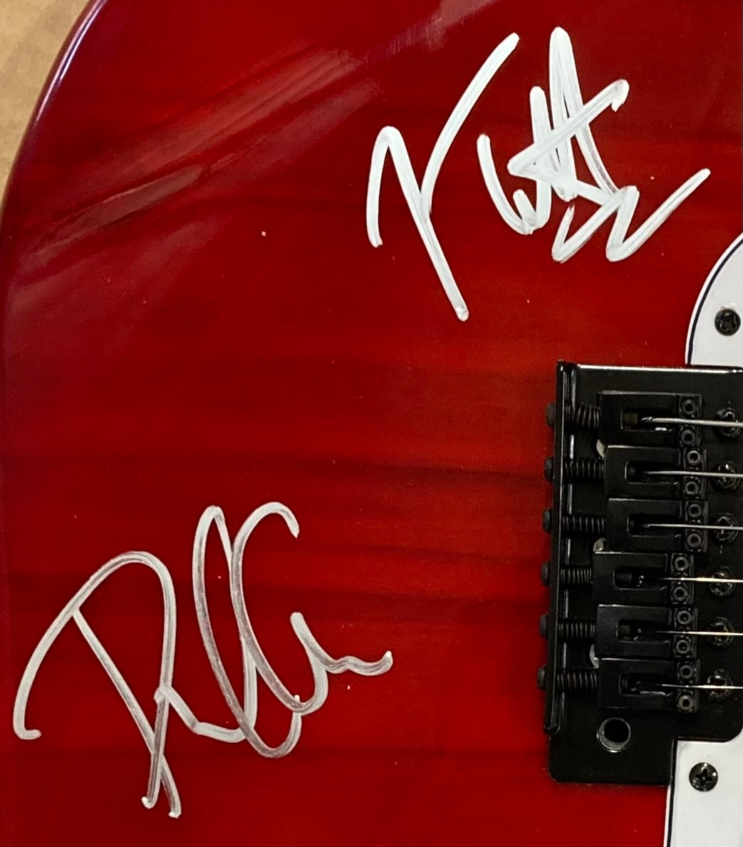 Def Leppard Signed Red Electric Guitar by Joe Elliott & Phil Collen - JSA Authenticated - Perfect for Rock Memorabilia Collections & Music Fan Gifts