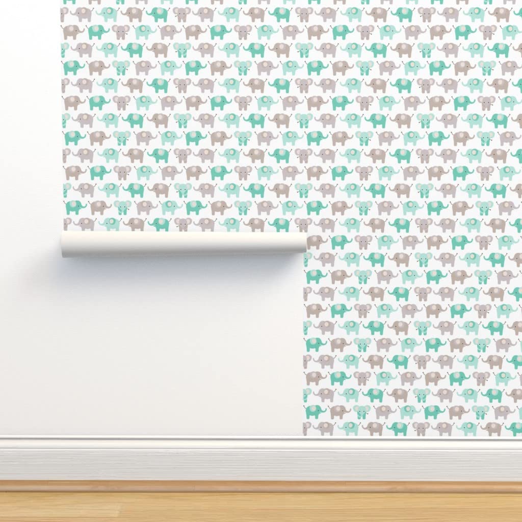Happy Elephants Peel & Stick Wallpaper - 12ft x 2ft Removable Nursery Wallpaper, Jungle Animals Gender Neutral Decor for Baby Room, Kids Bedroom & Playroom by Spoonflower