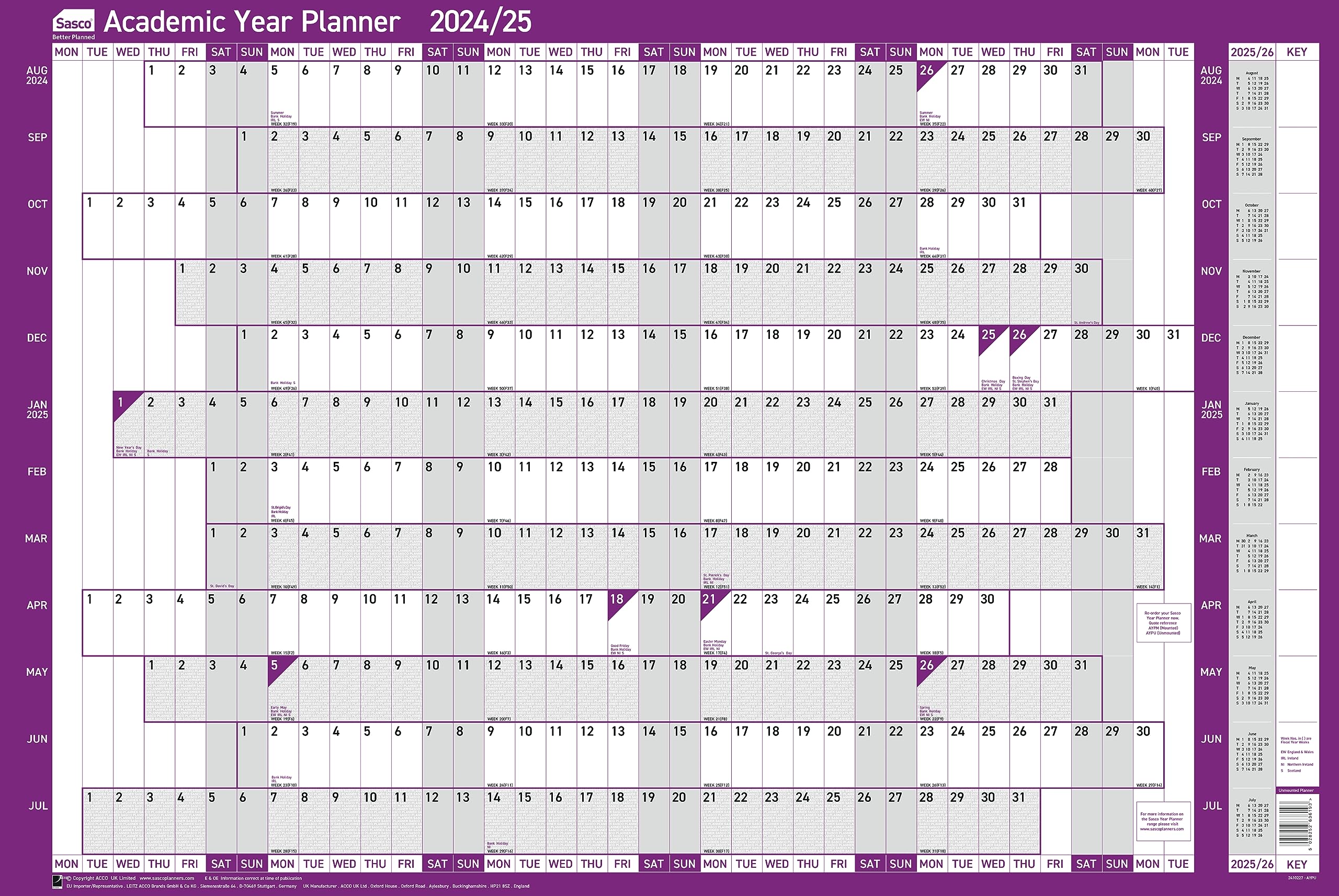 Sasco 2024-2025 Academic Year Wall Planner - August to July Dry Erase Calendar for School, University & Office - 36