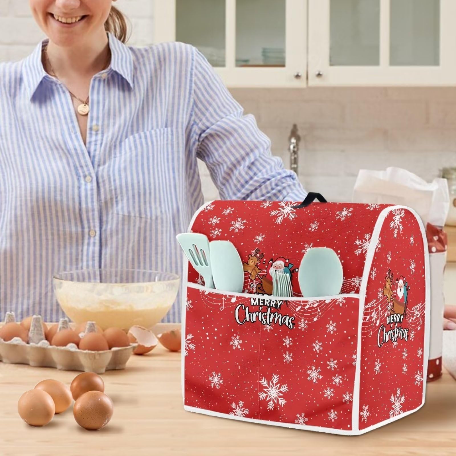 Santa Claus Christmas Stand Mixer Cover with Pockets - Stain Resistant Snowflake Design - Fits Pioneer Woman Mixers (Small Size) - Perfect for Holiday Baking & Kitchen Decor
