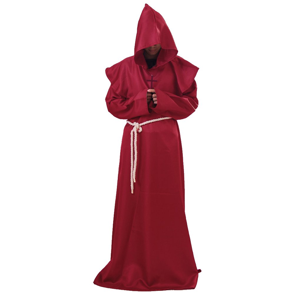 ABOOFAN Medieval Monk Costume for Halloween - Classic Friar Wizard Cosplay Outfit Set in Size L (Red) - Perfect for Halloween Parties, Renaissance Fairs & Themed Events