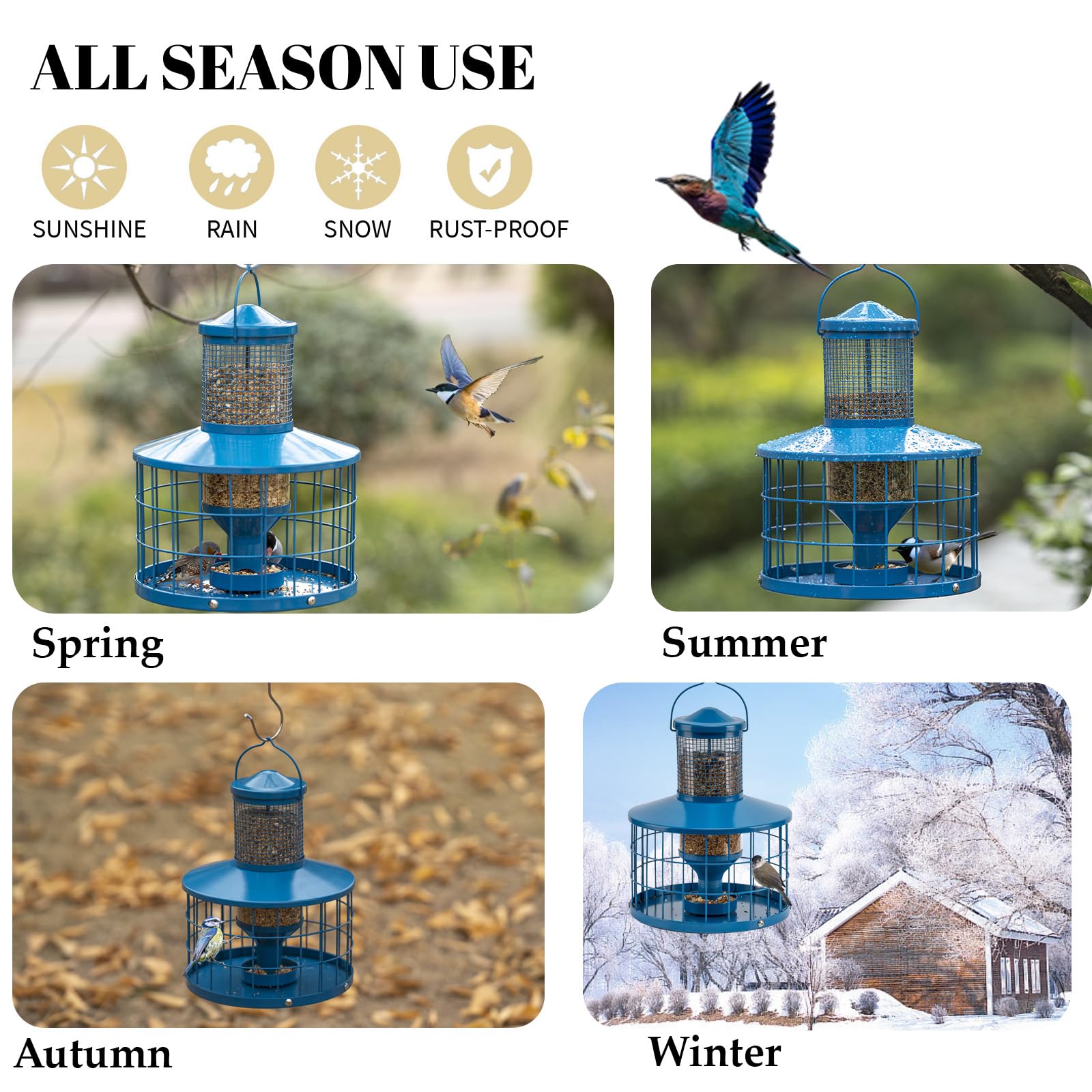 Squirrel Proof Metal Bird Feeder - 2.8Lb Capacity Outdoor Hanging Cage Tube Feeder with Detachable Tray, Easy to Clean & Starling Resistant (Blue) - Perfect for Backyards, Gardens & Bird Watching Enthusiasts