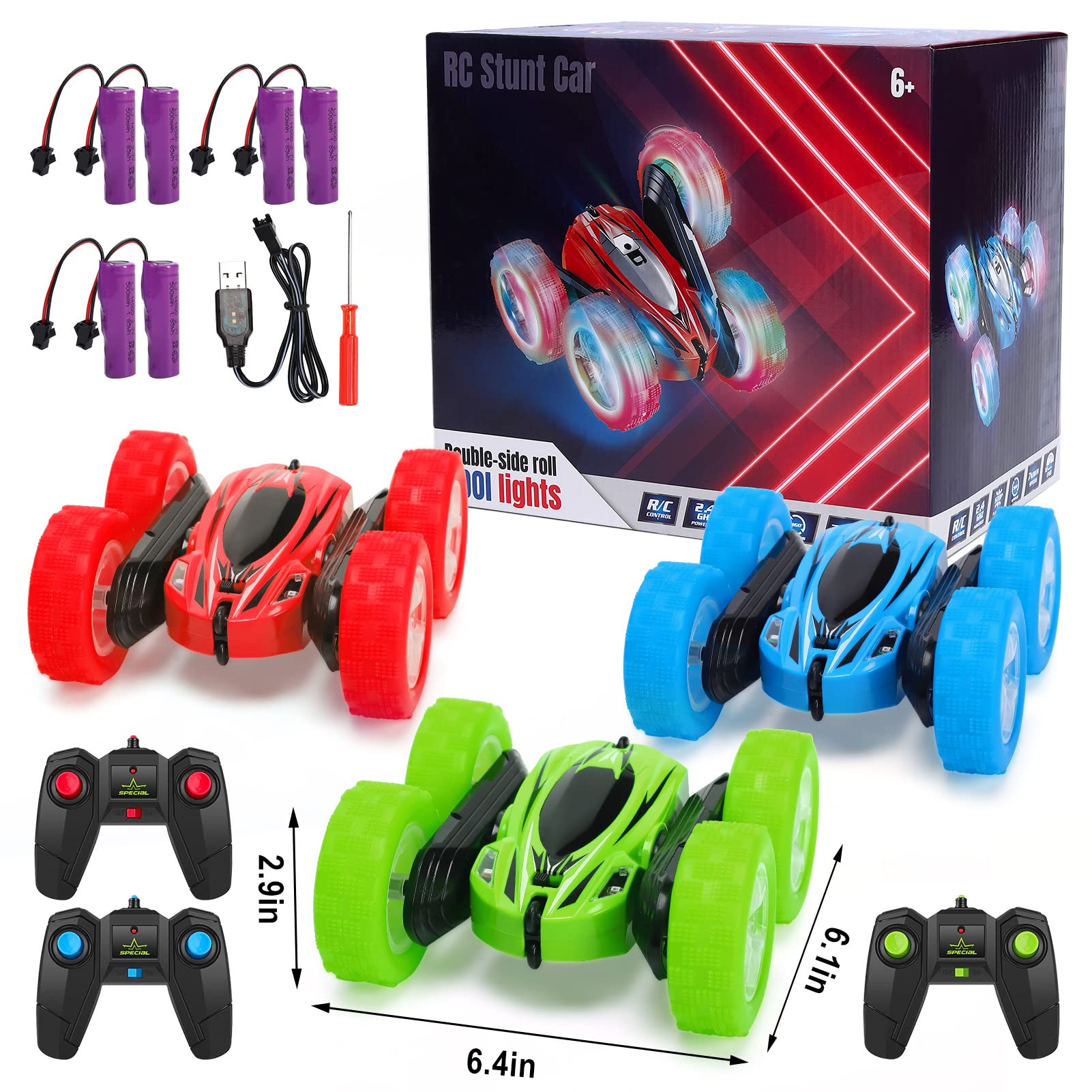 GARVEE 3 Pack 2.4GHz Remote Control Stunt Cars for Kids - 360° Rotating, High Speed 4WD Off Road RC Cars with Wheel Lights, Perfect Gift for Boys & Girls - Great for Indoor Play, Outdoor Racing & Backyard Adventures