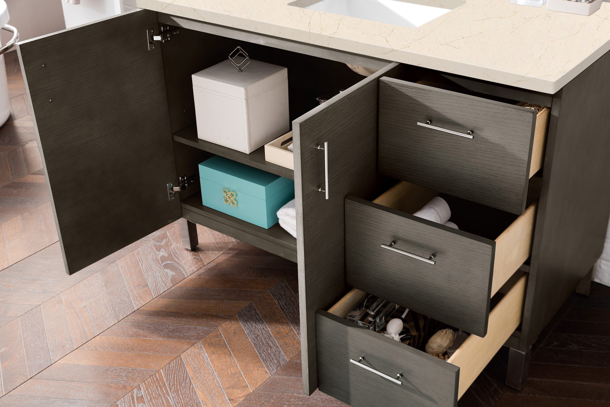 Metropolitan 48 Inch Single Bathroom Vanity with 3CM Eternal Serena Quartz Countertop in Silver Oak - Perfect for Modern Home Bathroom Renovation and Space-Saving Design