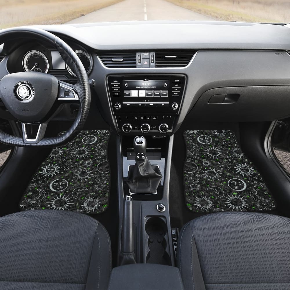 Premium B&W Celestial Car Mats with Green Stars Design - All-Weather Front & Back Floor Mats for Cars, SUVs & Trucks - Durable & Stylish Auto Accessories for Everyday Driving & Road Trips