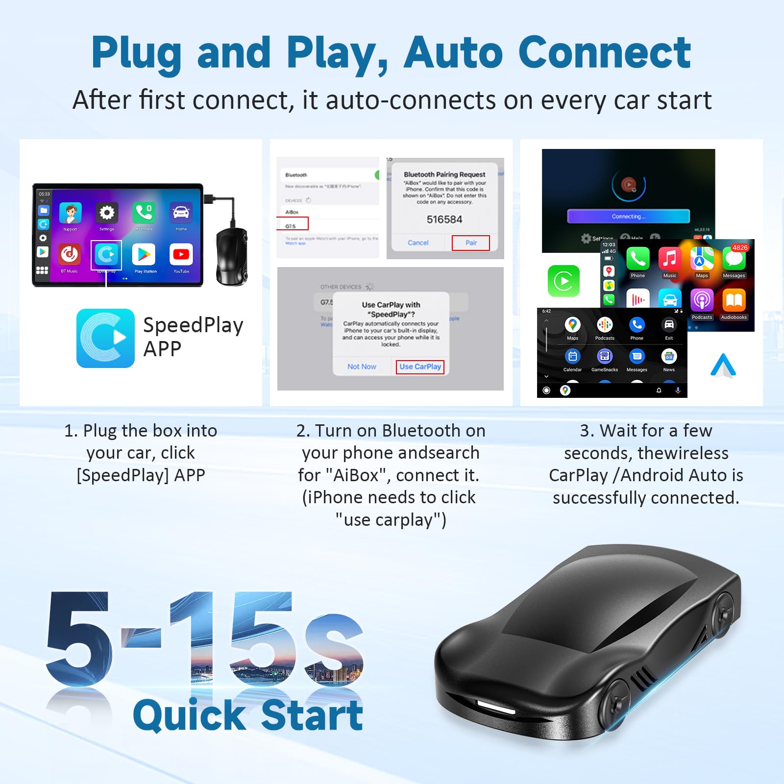 Wireless CarPlay Adapter for iPhone & Android - 5GHz WiFi Android Auto Dongle with Netflix, YouTube, TikTok Support | Factory Wired CarPlay to Wireless Converter | TF Card Slot & Screen Mirroring | Perfect for Long Road Trips & Daily Commuting