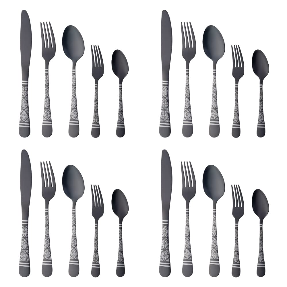 20-Piece Black Hammered Flatware Set for 4 - Stainless Steel Cutlery with Unique Pattern Design | Includes Dinner Knives, Forks & Spoons | Mirror Polish & Dishwasher Safe | Perfect for Christmas Gifts, Dinner Parties & Home Decor