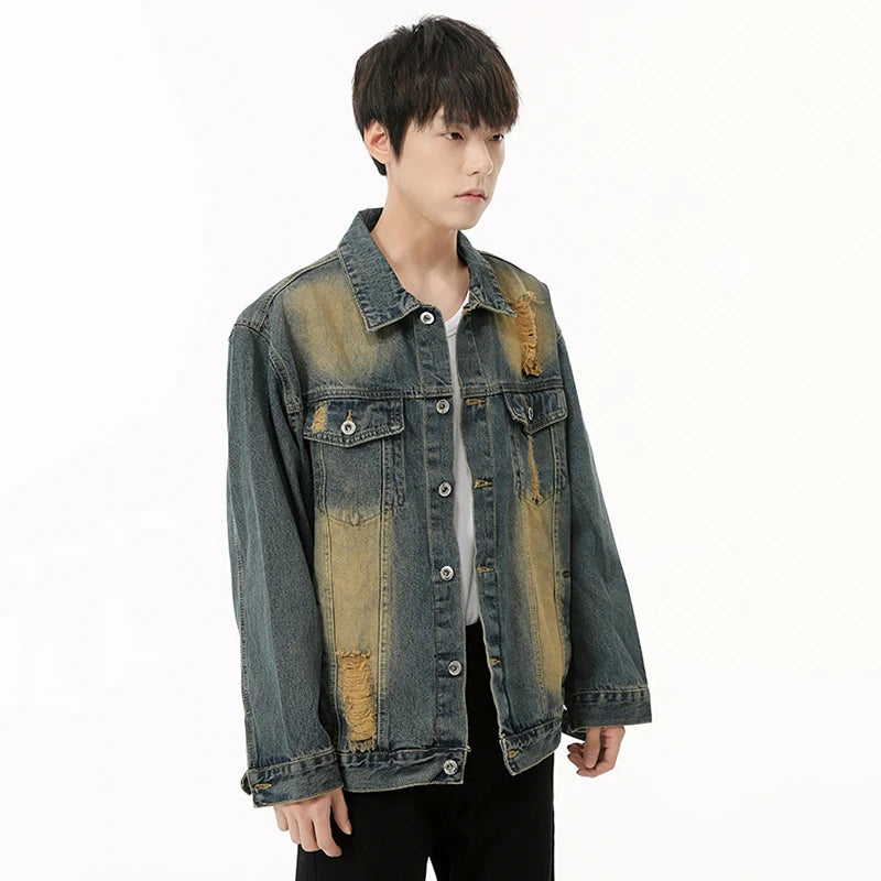 Men's Distressed Denim Jacket - American Style Faded Contrast Color Turn-Down Collar Coat | Trendy Fall Outerwear for Casual Wear & Street Style