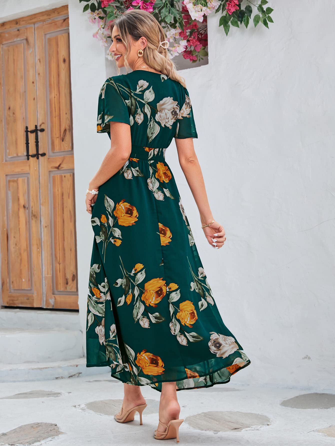 Simplee Women's Boho Floral Maxi Dress - Flowy Casual V-Neck Short Sleeve Wedding Guest Dress for Beach, Holiday & Summer Vacations | Perfect for Outdoor Parties, Date Nights & Tropical Getaways