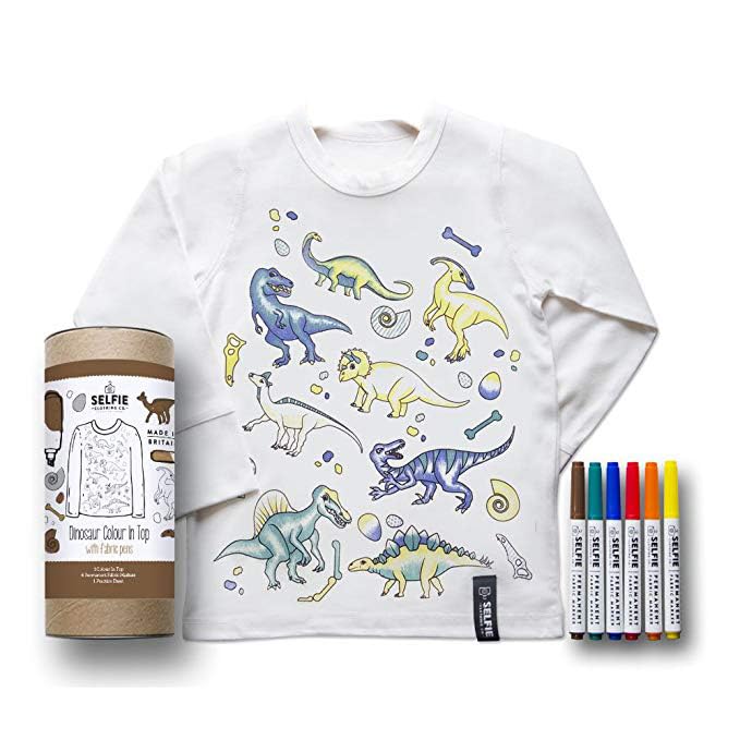 Dino Egg DIY Coloring Long Sleeve Kids Top with Fabric Markers - Cream Selfie Clothing for Boys & Girls Age 8-10 | Creative Birthday Gift & Fun Arts and Crafts Activity