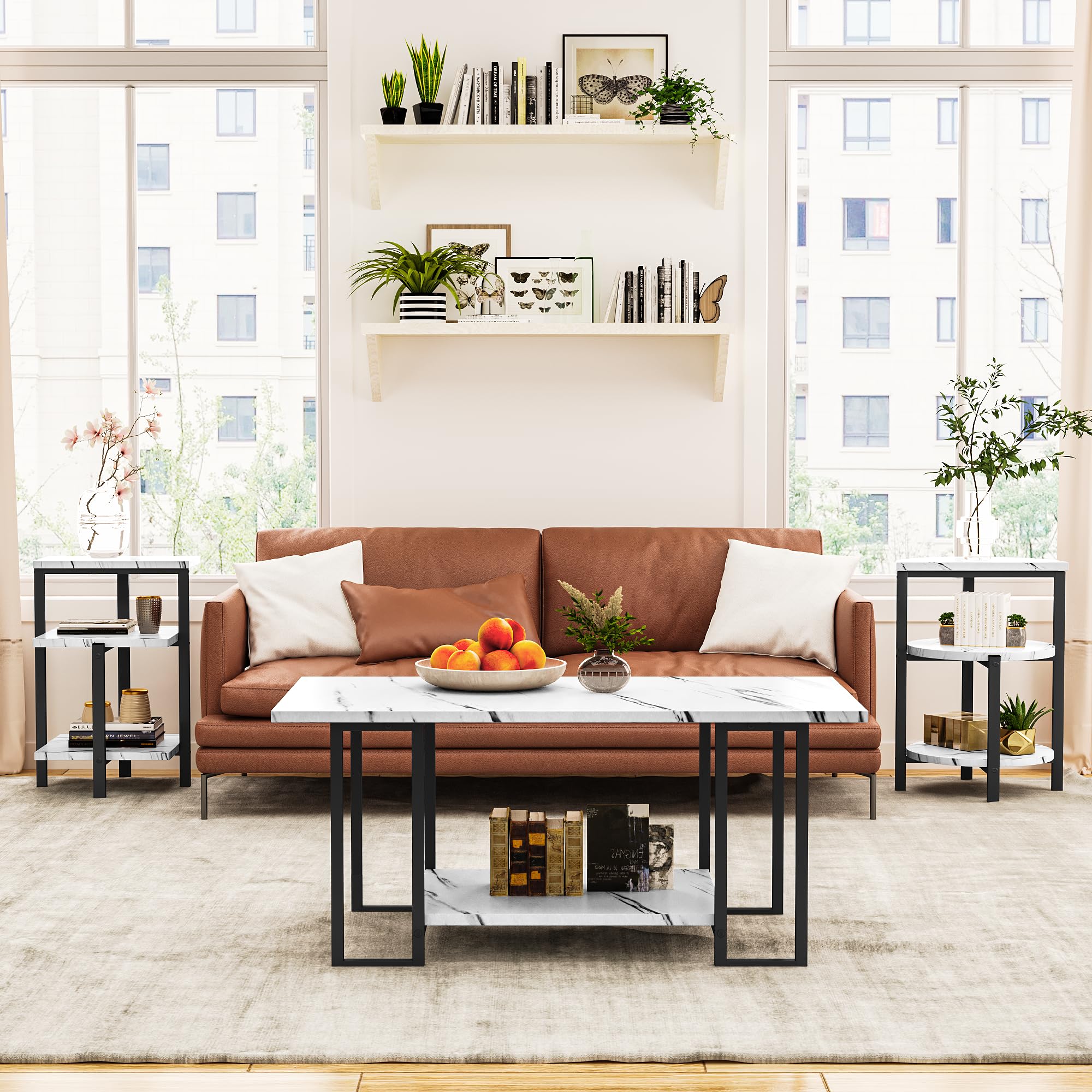 3-Piece Faux Marble Coffee Table Set - White Tabletop & Black Metal Frame Living Room Tables (Coffee Table + 2 End Tables) - Perfect for Modern Apartments, Small Spaces & Lounge Areas
