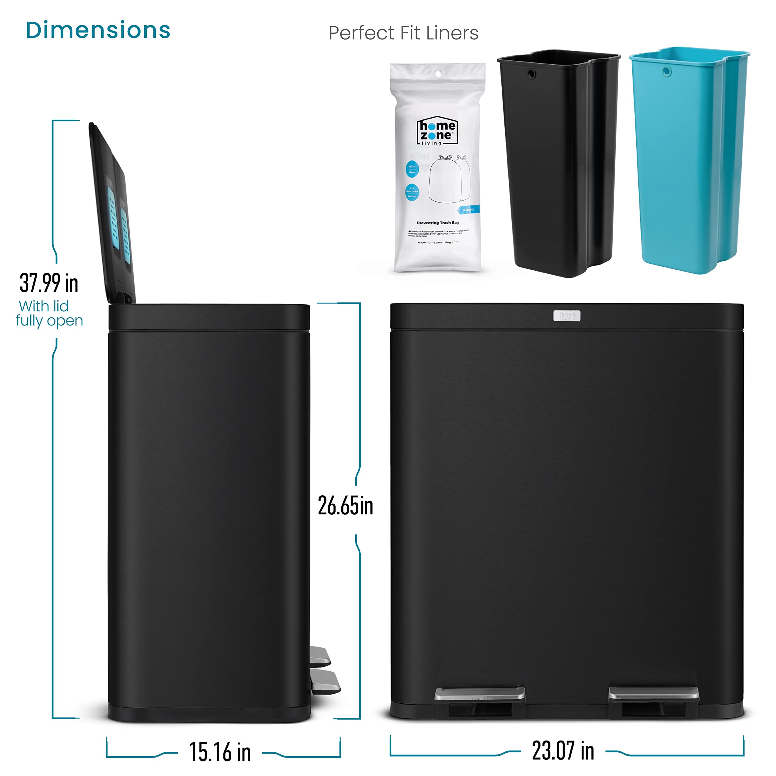 15.8 Gallon Stainless Steel Kitchen Trash Can with Odor Control - Dual Removable Liners for Recycling & Waste - Matte Black Home Trash Bin for Kitchen, Office & Bathroom - Home Zone Living CleanAura Series