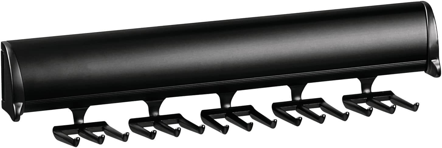 TAG Hardware 15-Hook Full Extension Telescopic Tie Rack - Space Saving Closet Organizer for Neckties, Belts & Scarves (Black) - Perfect for Bedroom, Walk-in Closet & Office Organization
