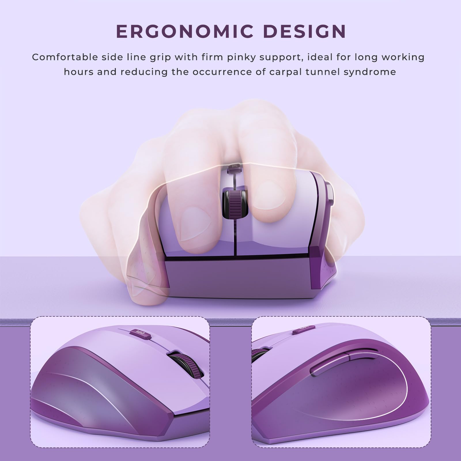 Ergonomic Wireless Keyboard and Mouse Combo - 2.4Ghz USB Receiver, Split Keyboard Layout with Wrist Rest, 3-Level DPI Optical Mouse for Windows & Mac (Pink/Purple) - Perfect for Office, Home & Gaming Use