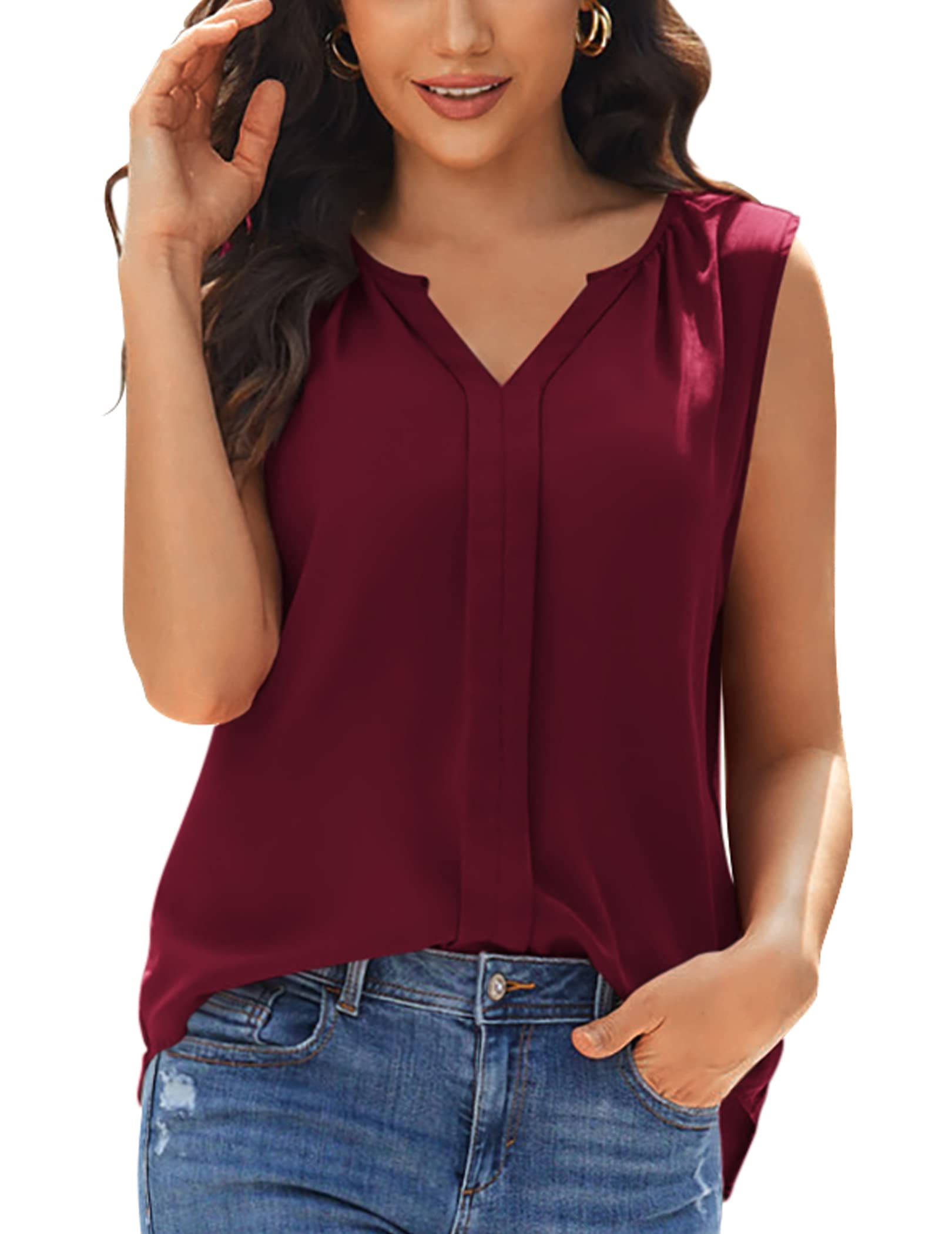 Grabsa Women's V-Neck Sleeveless Pleated Blouse - Flowy Loose Casual Tank Top for Work & Office Wear | Summer Comfort Outfit, Business Casual Attire, Weekend Brunch Style