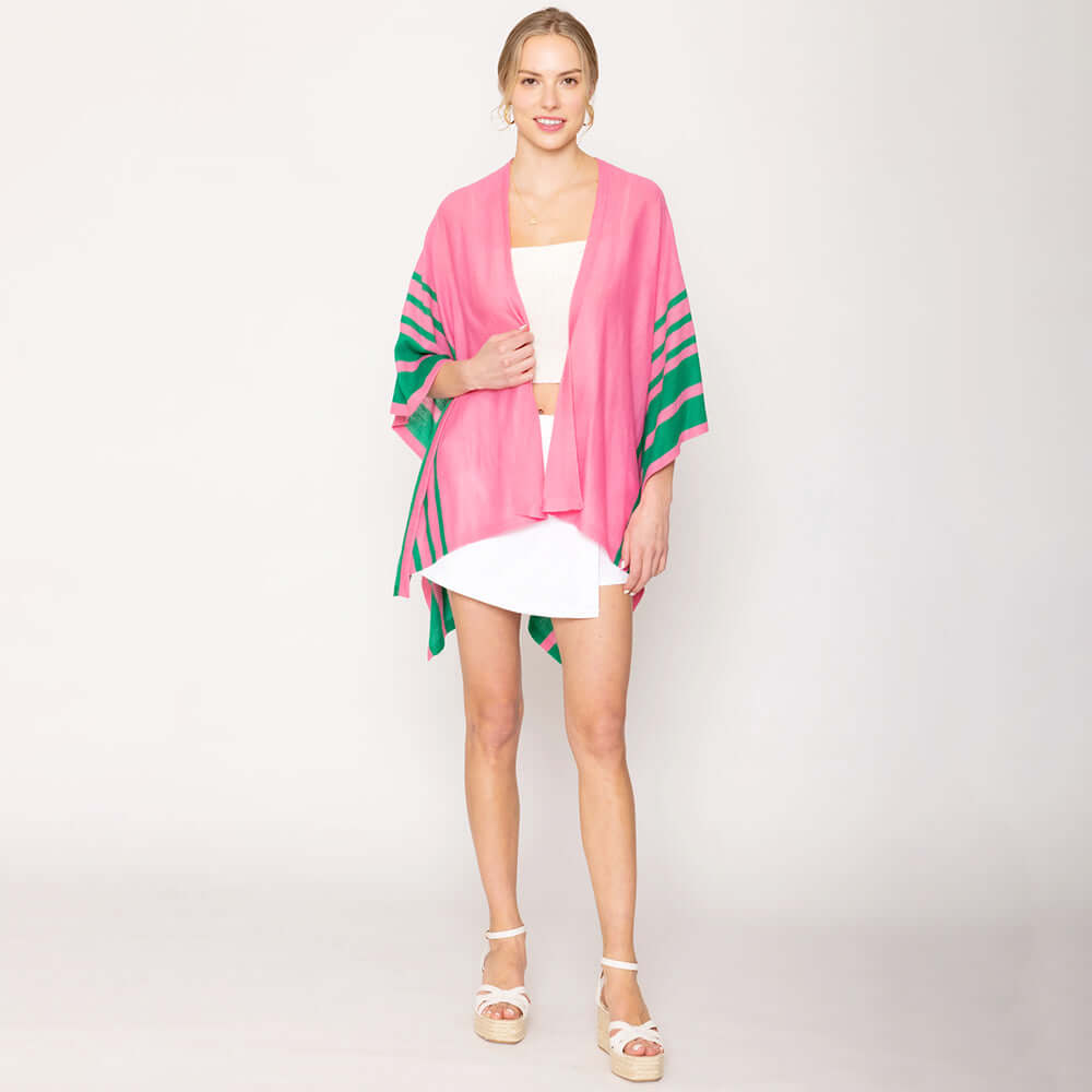 Pink & Green Border Ruana Poncho Shawl Wrap for Women - Medium Size, Boho Chic Outerwear - Perfect for Fall, Winter, Beach Cover-Up & Casual Outings