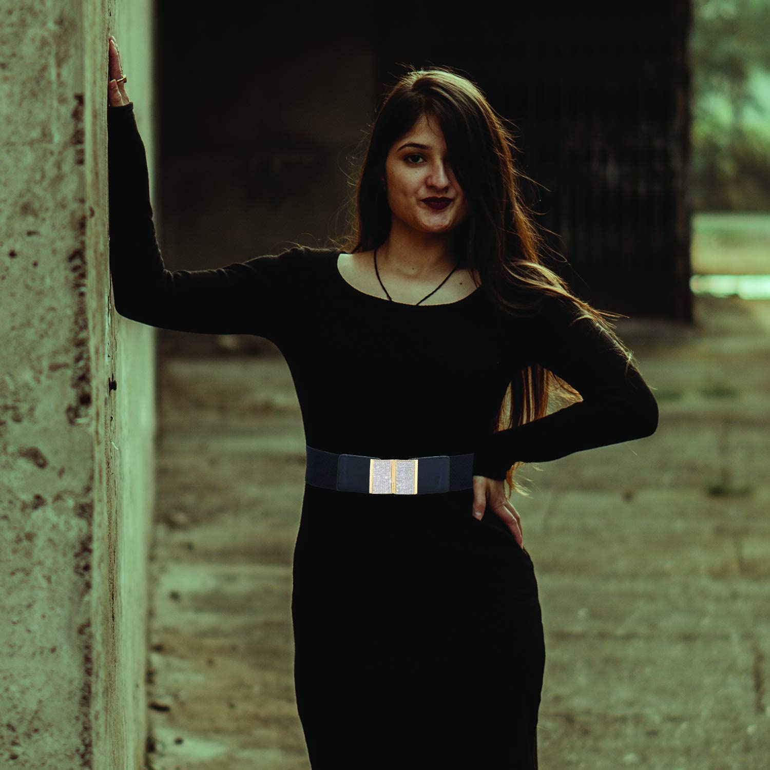 Black Elastic Waist Belt with Golden Buckle - Wedding & Formal Wear Accessory