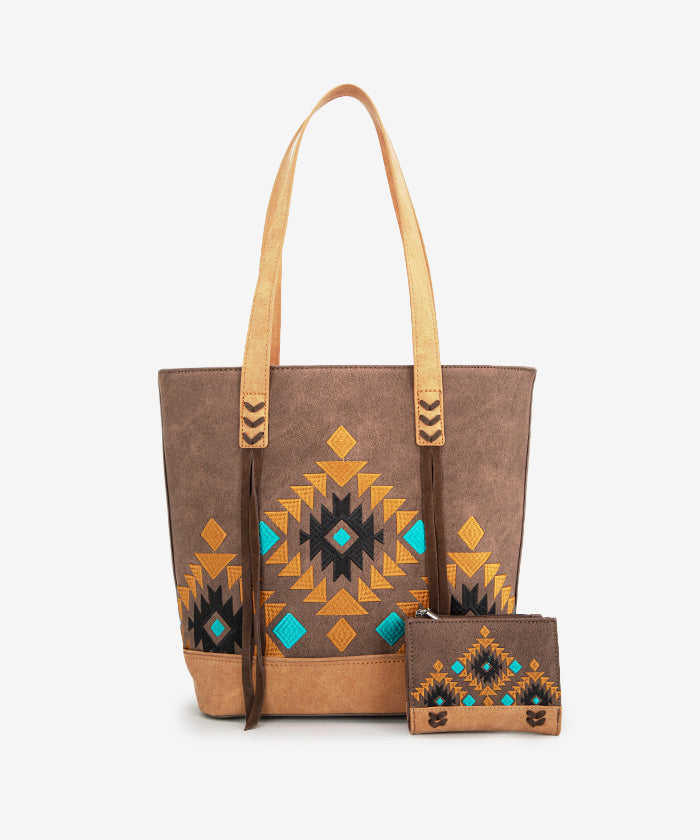 Montana West Aztec Embroidered Tote Bag Set for Women - Stylish Boho Shoulder Bag with Handmade Tribal Patterns - Perfect for Travel, Beach, Shopping & Everyday Use