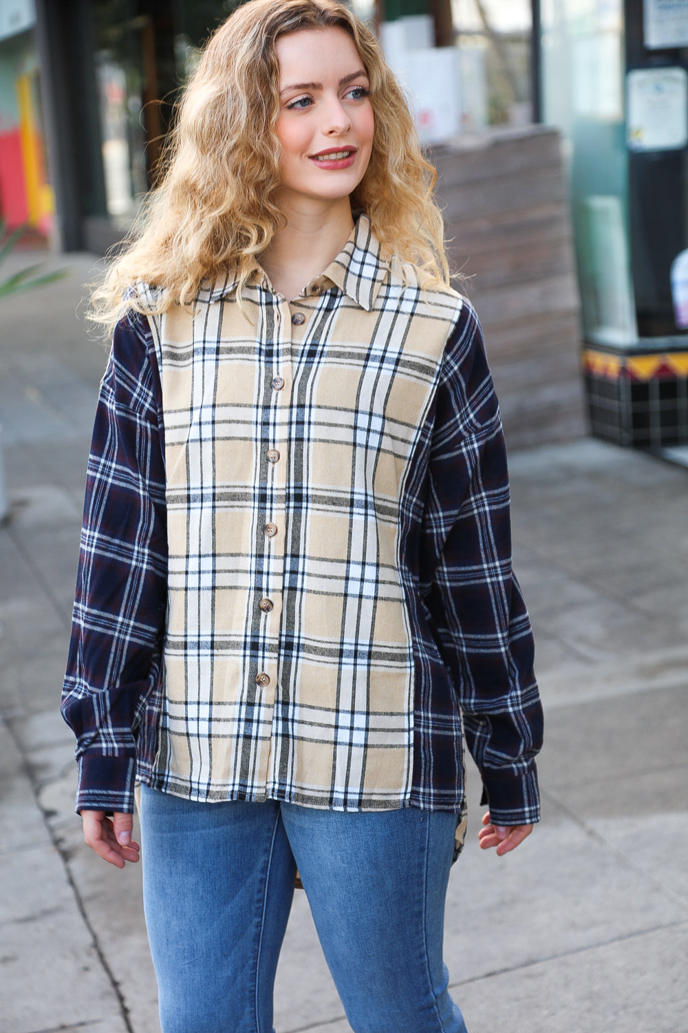 Navy & Beige Cotton Plaid Hi-Lo Shirt Top for Women - Casual Long Sleeve Tunic Blouse - Perfect for Fall Outfits, Layering and Everyday Wear