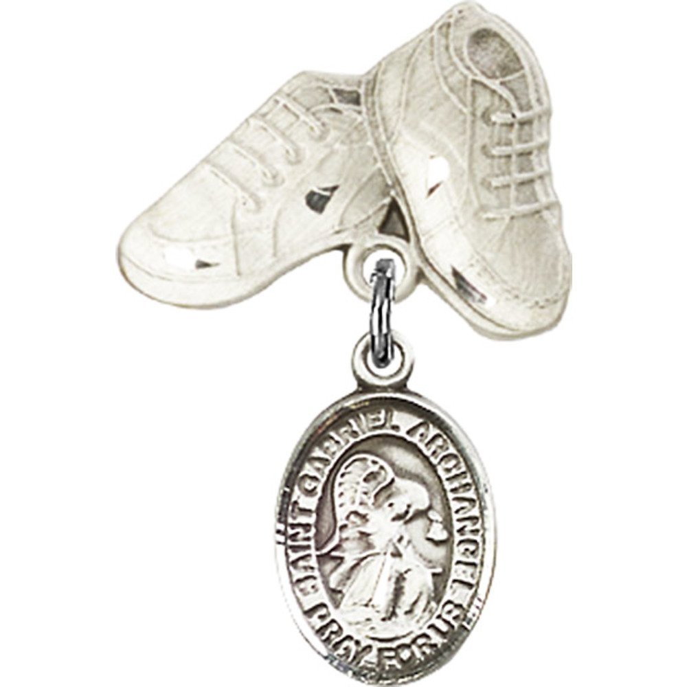 Sterling Silver Baby Badge with St. Gabriel the Archangel Charm & Baby Boots Pin - 1