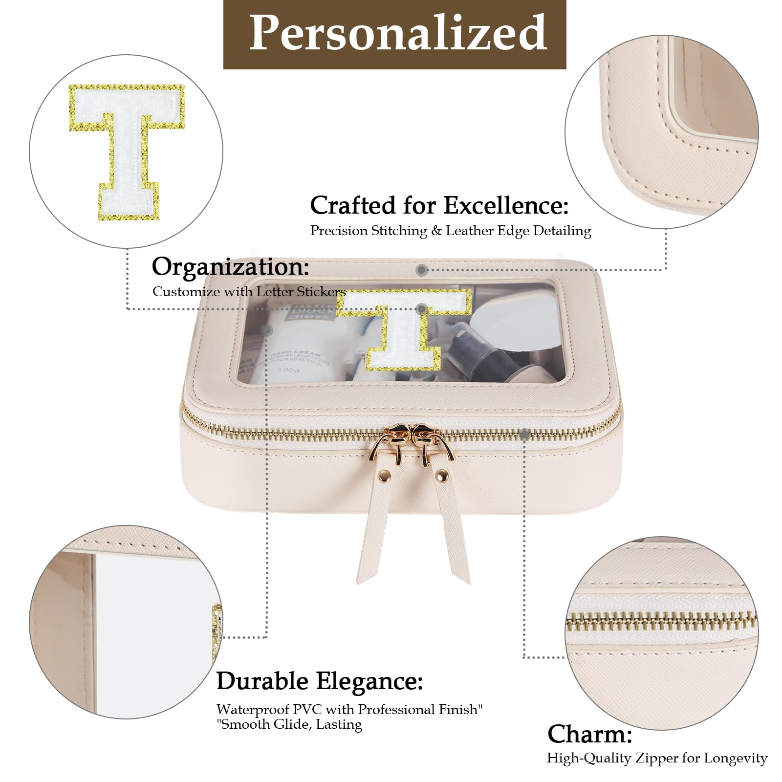 Clear Initial Makeup Bag for Women - Cute Cosmetic & Toiletry Travel Organizer with Gold Zippers & Chenille Letter Decoration - Perfect for Car Accessories, On-The-Go Essentials & Preppy Style - Ideal for Travel, Gym, Work & Daily Use