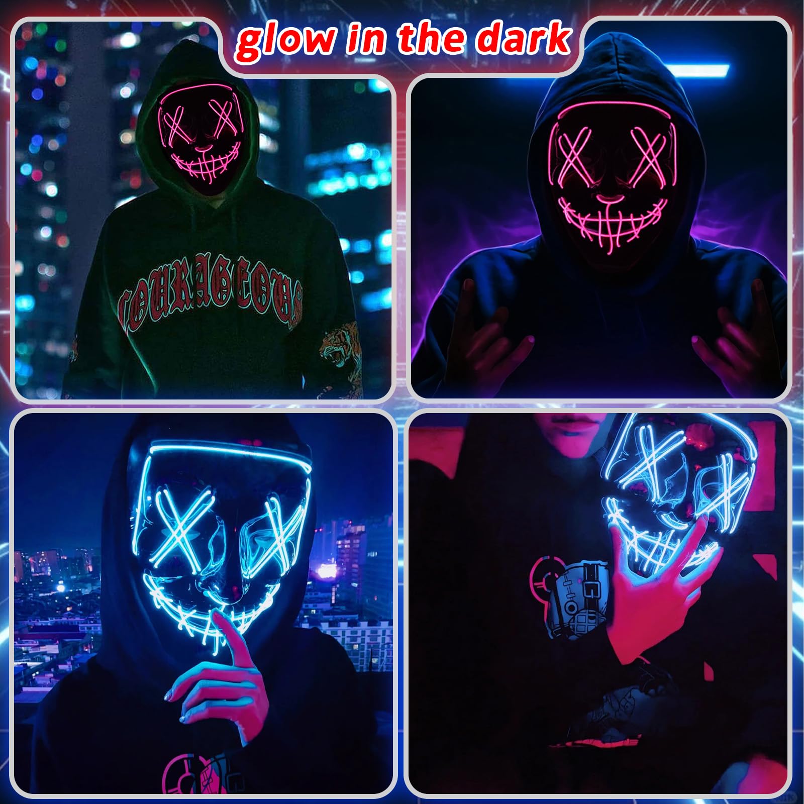 LED Light Up Halloween Mask with 4 Lighting Modes - Scary Scream Purge Mask for Cosplay, Horror Parties & Halloween Festivals - Rechargeable Glow Mask for Night Events & Costume Contests