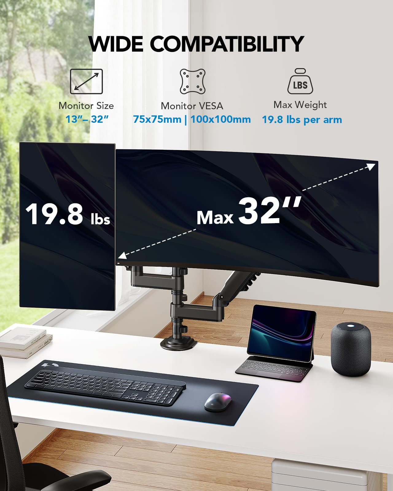 HUANUO 13-32 Inch Dual Monitor Stand with Steel Reinforcement Plate - Heavy Duty Monitor Mount for Thin, Glass & Fragile Desktops - Perfect for Home Office & Gaming Setup