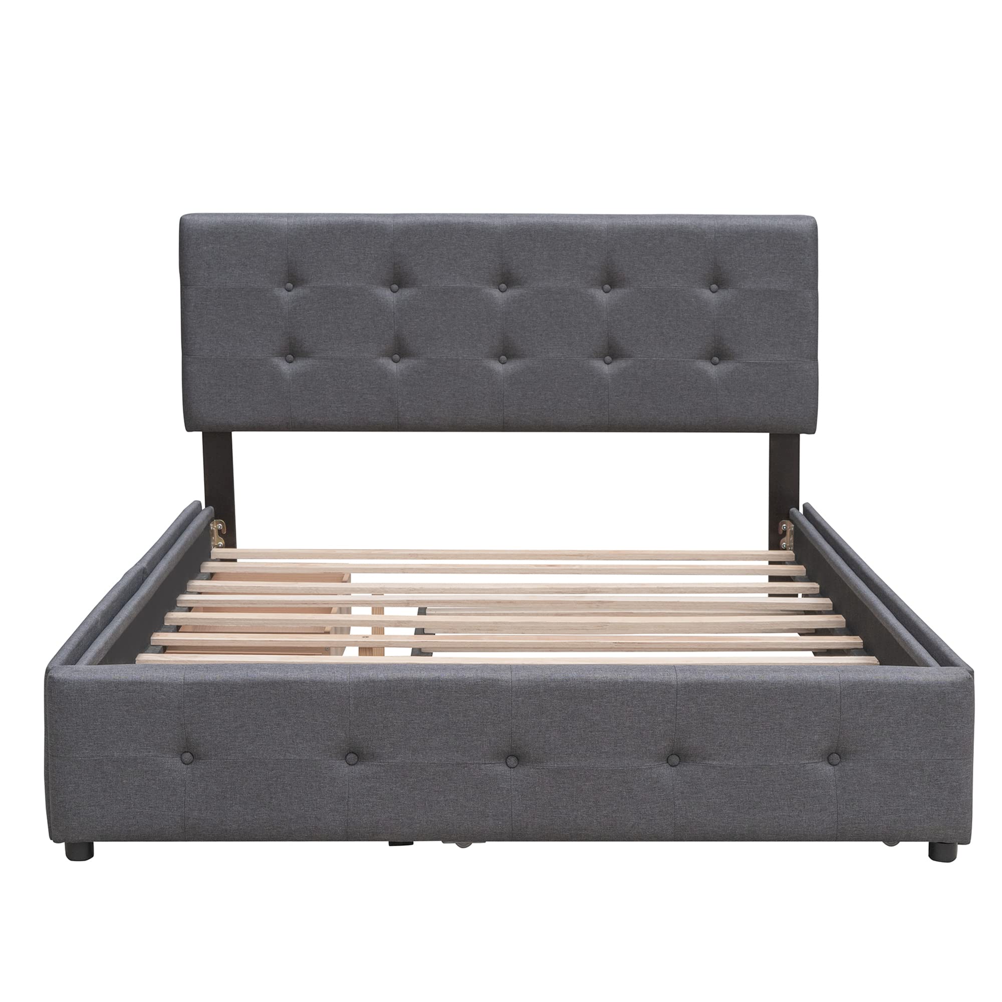 P PURLOVE Queen Size Upholstered Platform Bed Frame with Tufted Headboard & 2 Storage Drawers - No Box Spring Needed, Dark Gray Linen Fabric - Perfect for Small Bedrooms, Guest Rooms & Modern Apartments