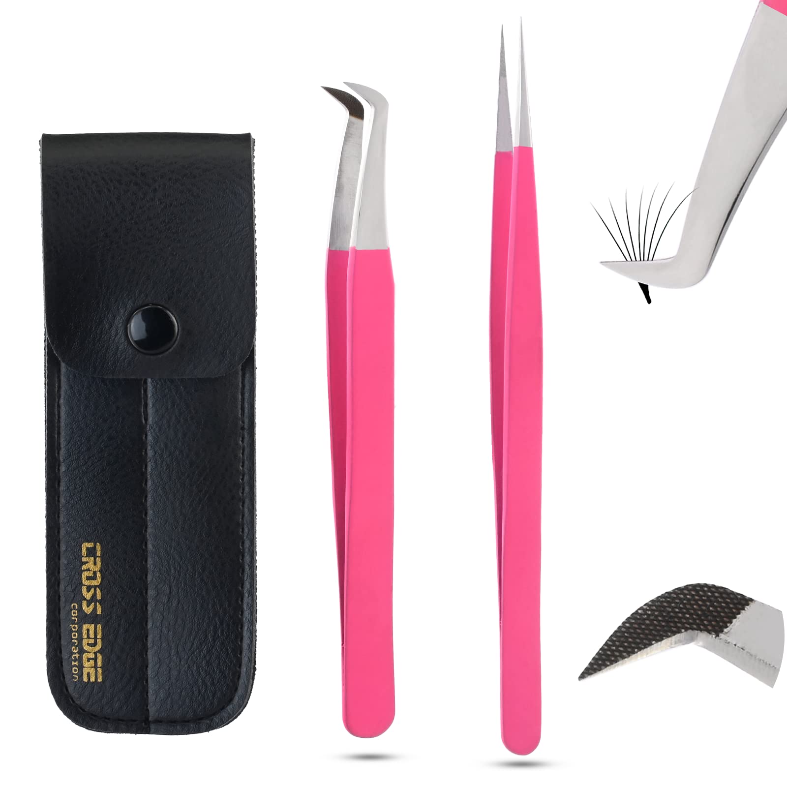 Premium Eyelash Extension Tweezers Set - 2 Pcs Straight Isolation & Microgrip Volume Lashes Tweezers, Japanese Stainless Steel, Matte Pink - Professional Lash Tools for Salon & Home Use