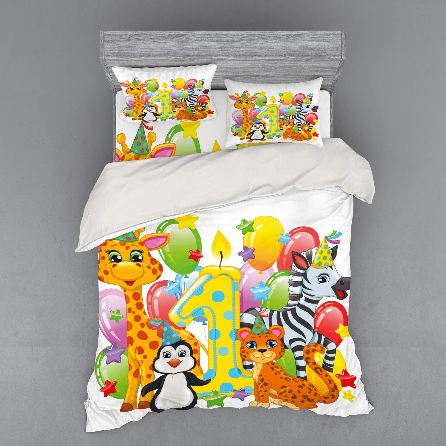 Ambesonne 1st Birthday Bedding Set - 3 Piece Duvet Cover with Sham & Fitted Sheet, Queen Size, Colorful Savannah Animals Zebra Lion Balloons Print - Perfect for Kids Room Decor, Birthday Party Backdrop & Nursery Bedding