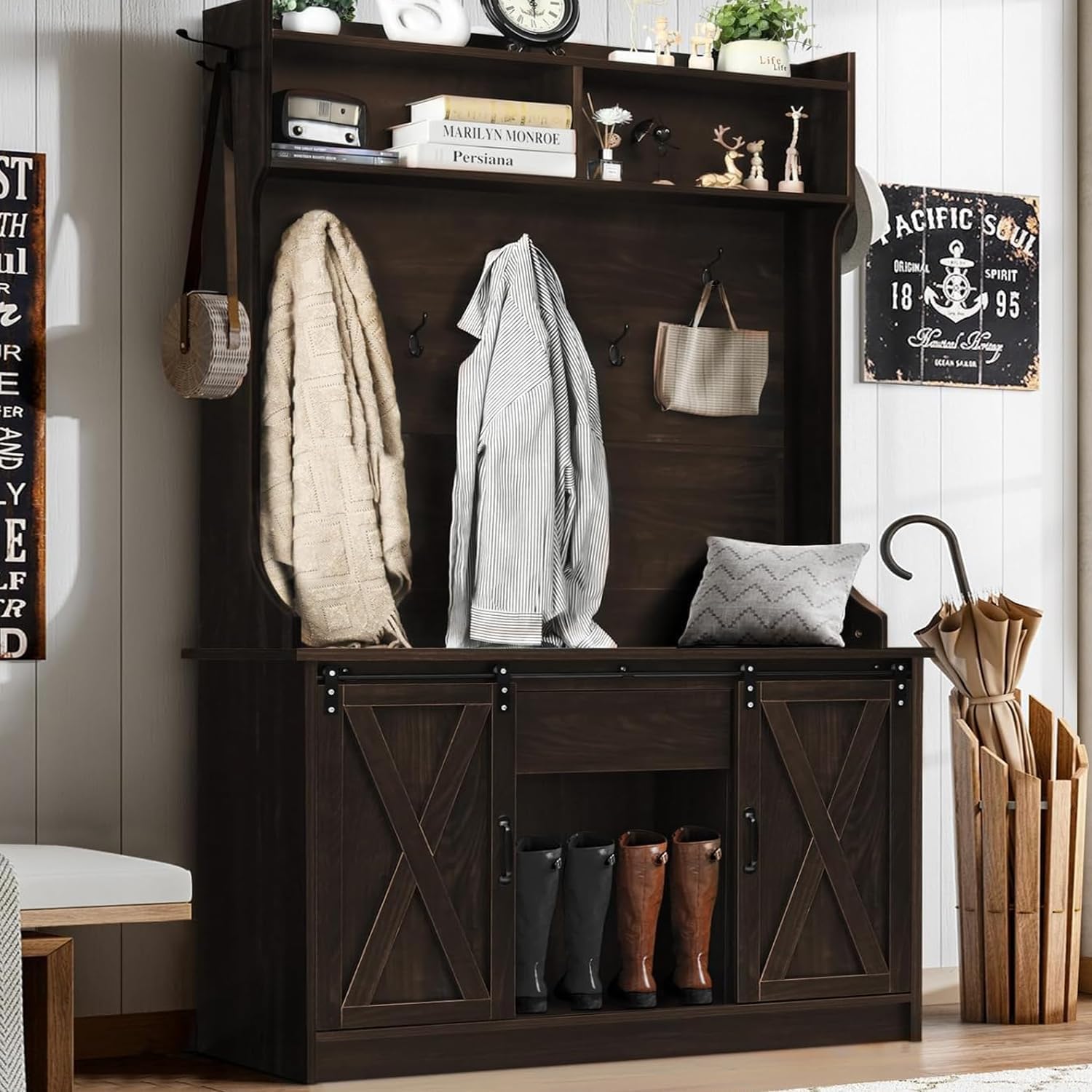 Farmhouse Hall Tree with Storage - Entryway Bench with 2 Sliding Barn Doors, Coat Rack & Shoe Organizer - Rustic Tall Hallway Furniture for Living Room, Foyer & Mudroom - Perfect for Home Entry Organization & Winter Gear Storage