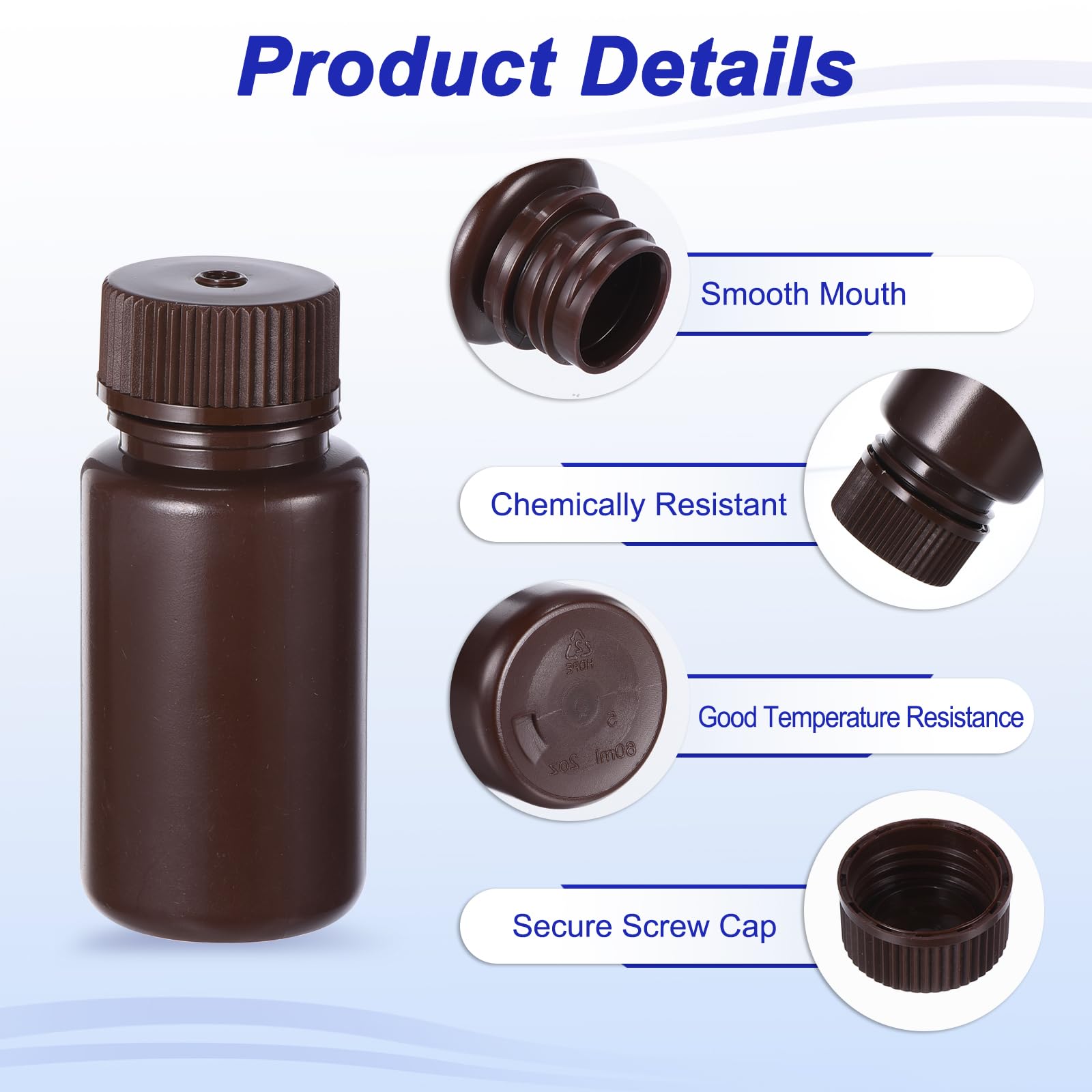 PATIKIL 50 Pcs 60ml Amber Reagent Bottles - PE Wide Mouth Round Bottles with Screw Cap for Lab, Water, Reagent Liquids & Solid Sample Storage - Ideal for Chemistry Experiments, DIY Projects & Scientific Research