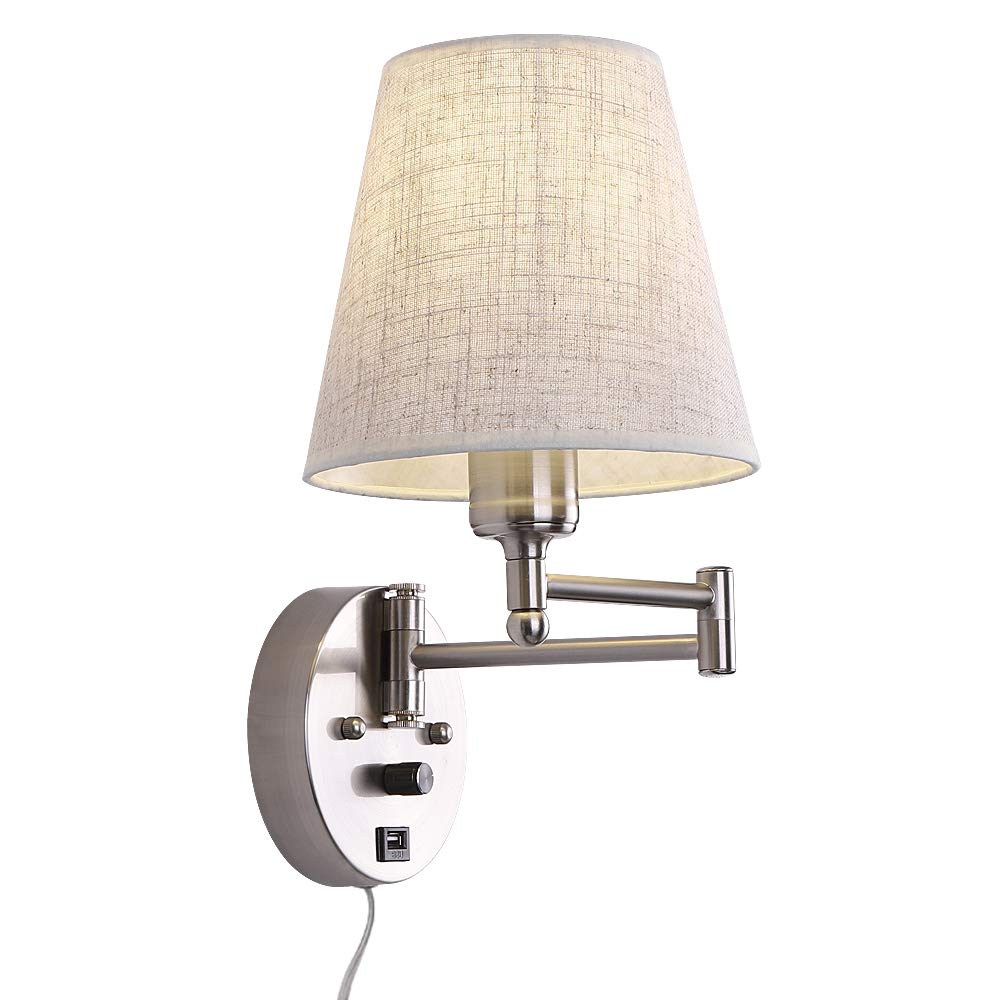 Dimmable Swing Arm Wall Sconce Light with USB Port & Plug-in Cord - Adjustable Fabric Shade Bedside Lamp for Bedroom, Living Room & Hotel - Perfect for Reading, Nightstand Lighting & Cozy Ambience