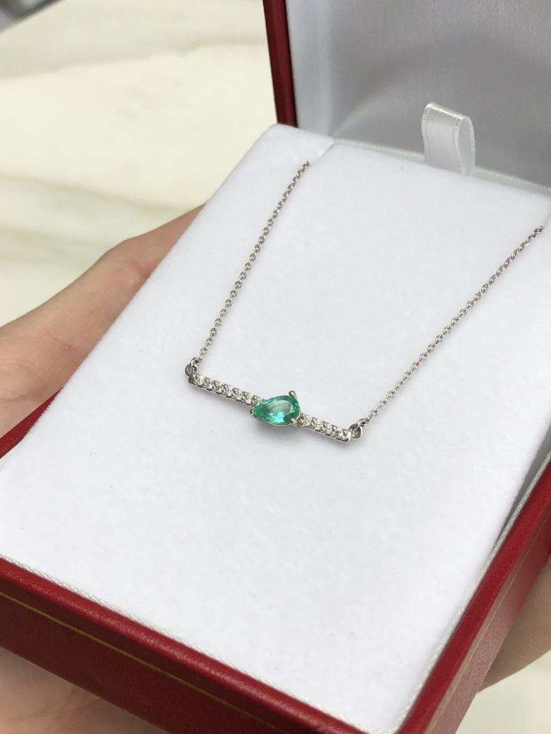 14K Gold Natural Pear Cut Emerald & Diamond Accent Bar Necklace | Elegant Jewelry for Weddings, Parties & Special Occasions