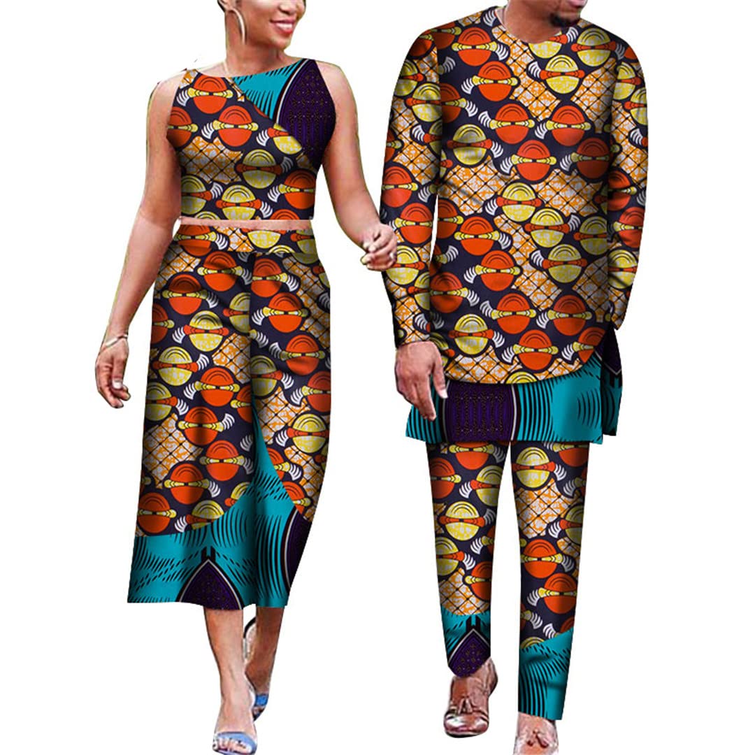 African Print Couple Outfits - Floral Crop Top & Skirt Set for Women, Dashiki Suit for Men - Plus Size 19M - Perfect for Valentine's Day, Anniversary Gifts & Cultural Celebrations