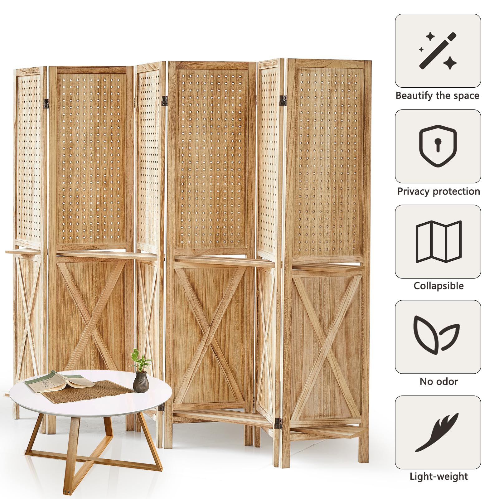 6 Panel Wooden Room Divider with Shelves - Foldable Privacy Screen & Pegboard Display for Home & Office - Natural Wood Wall Partition for Bedroom, Living Room, Retail Store (Easy to Move & Assemble) - Perfect for Space Separation, Organization & Stylish Room Decor