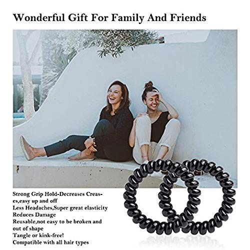 Trendy No Crease Hair Ties for Women & Girls - 4 Pack Black Telephone Cord Hair Bands, Gentle Coil Hair Elastics for Ponytails, Workouts, Yoga and Everyday Use