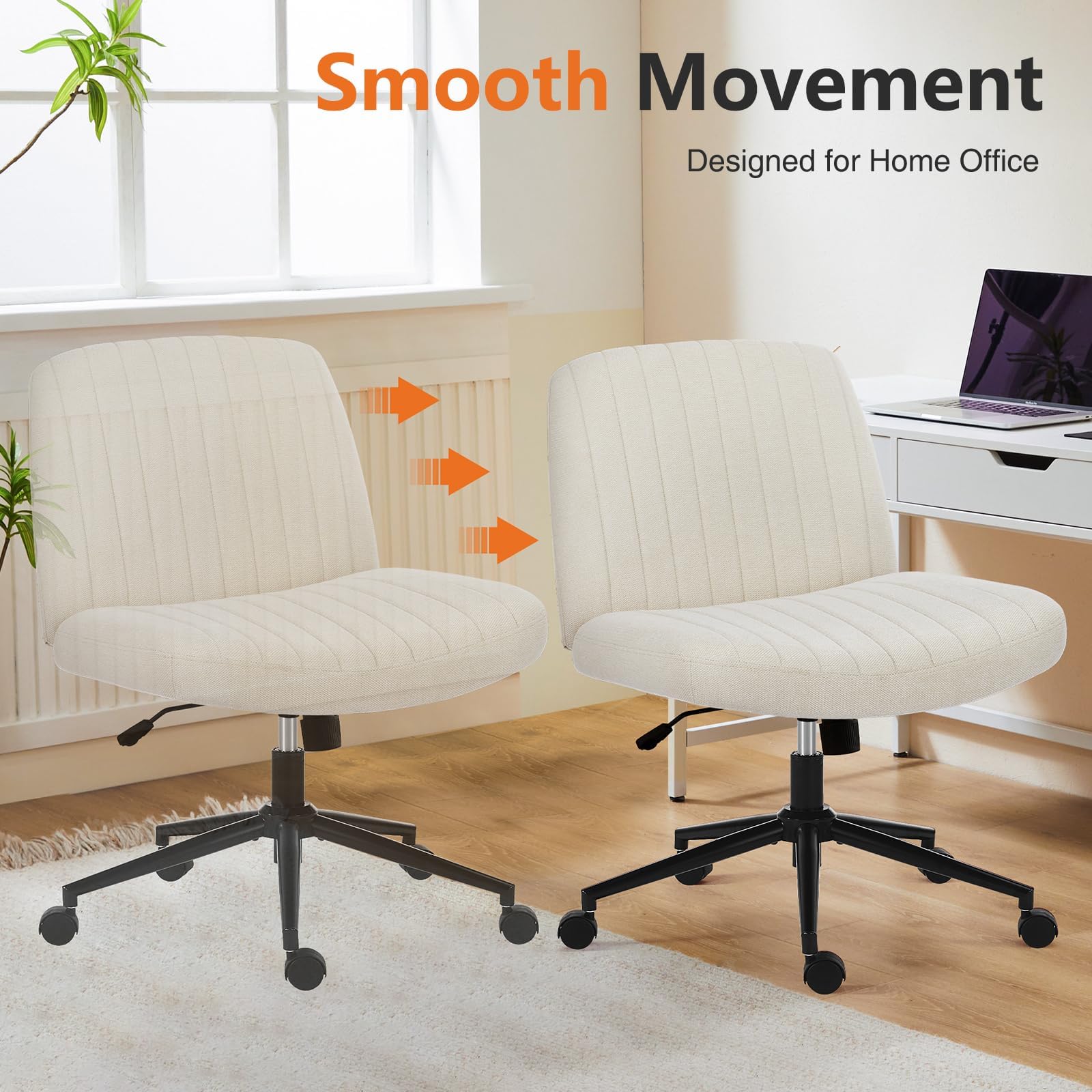Sweetcrispy Criss Cross Chair Legged Armless Office Desk Chair with Wheels - Swivel Vanity Height Adjustable Wide Seat Computer Task Chair for Home & Office - Beige - Perfect for Workstations, Gaming & Study Spaces