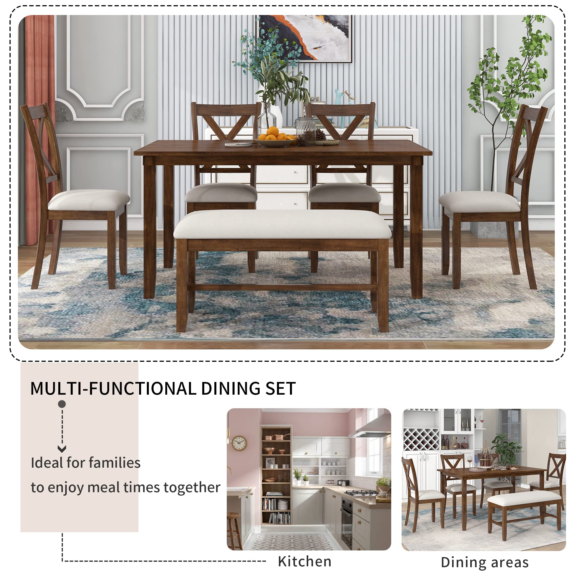 Harper & Bright Designs 6-Piece Wooden Dining Table Set with 4 Chairs & Bench - Natural Cherry Finish, Kitchen & Dining Room Furniture for 6 People - Perfect for Family Meals, Entertaining Guests, and Small Space Dining Areas
