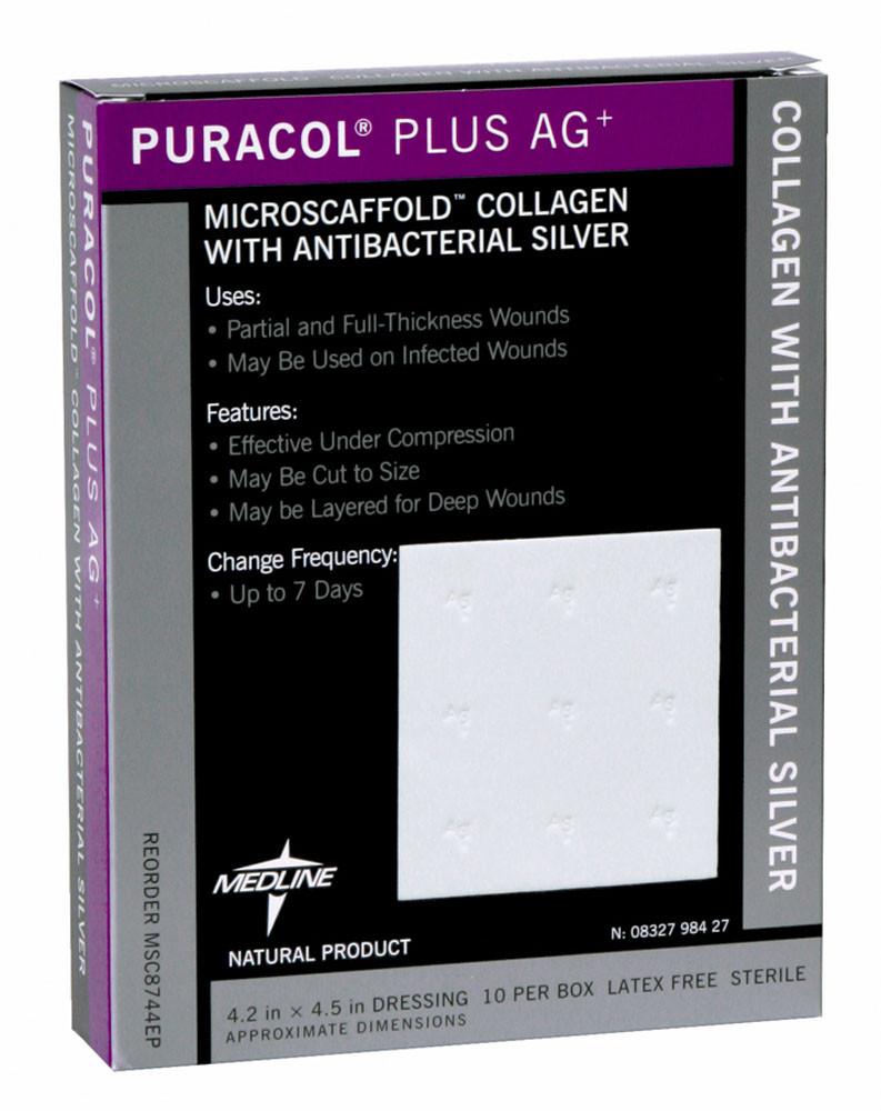 Puracol Plus AG Collagen Dressings, 4.25x4.5 Inches, Box of 10 - Advanced Wound Care for Chronic Ulcers, Burns & Surgical Wounds | Medical Grade Collagen Bandages for Faster Healing