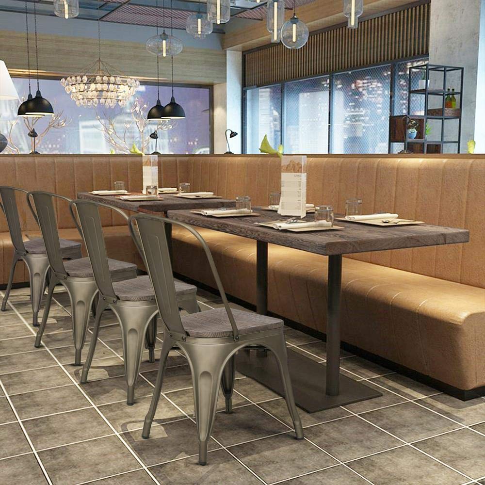 Topeakmart 4-Pack Metal Dining Chairs with Wood Seat - Stackable Indoor Outdoor Chairs for Kitchen, Patio, Restaurant & Office - Industrial Style Side Chairs with Back Support