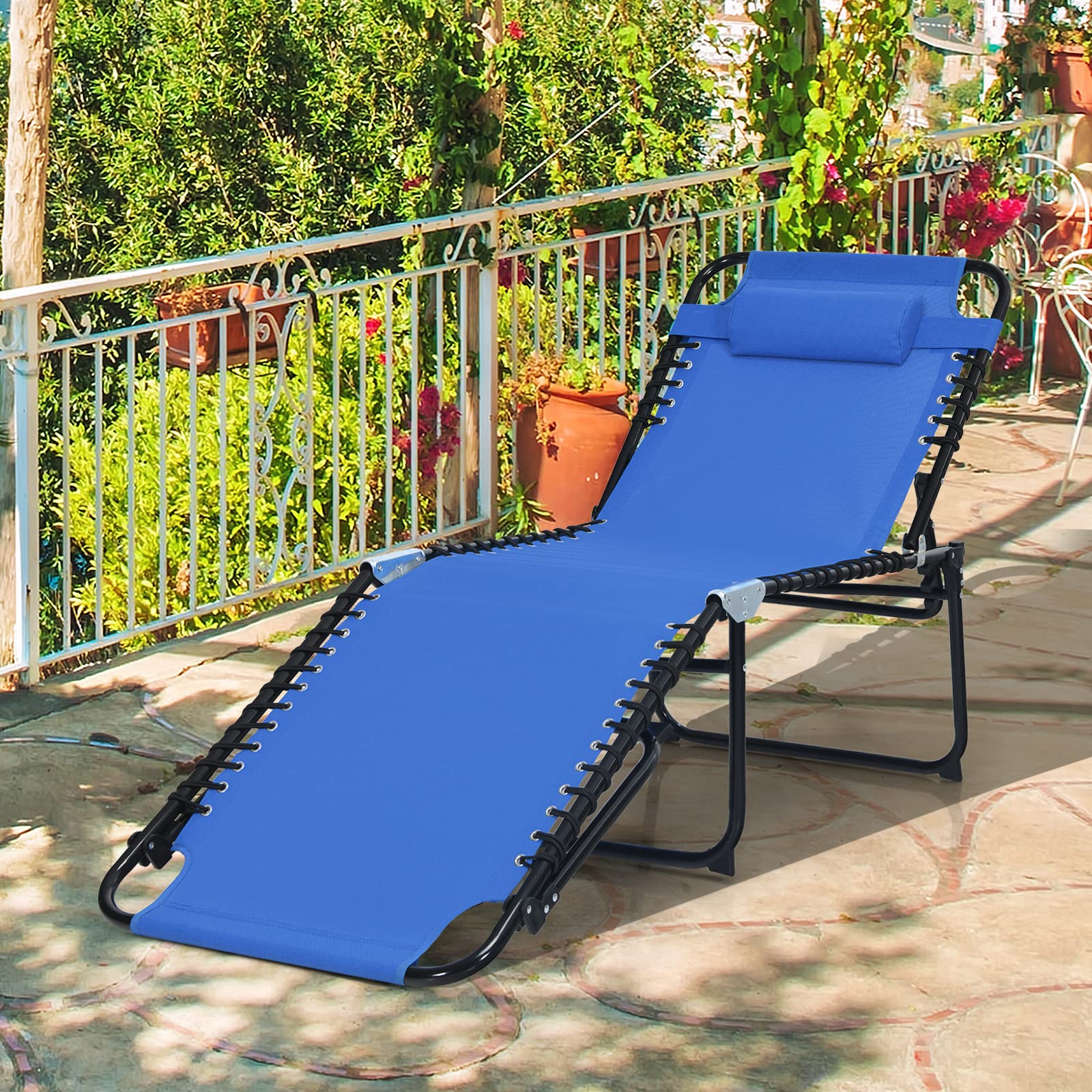 Gymax Outdoor Lounge Chair - Extra Tall Folding Beach Chair with 4-Position Adjustable Backrest, 2-Level Footrest & Detachable Pillow - Perfect for Tanning, Sunbathing by Pool, Patio, Lawn or Backyard (Navy Blue)