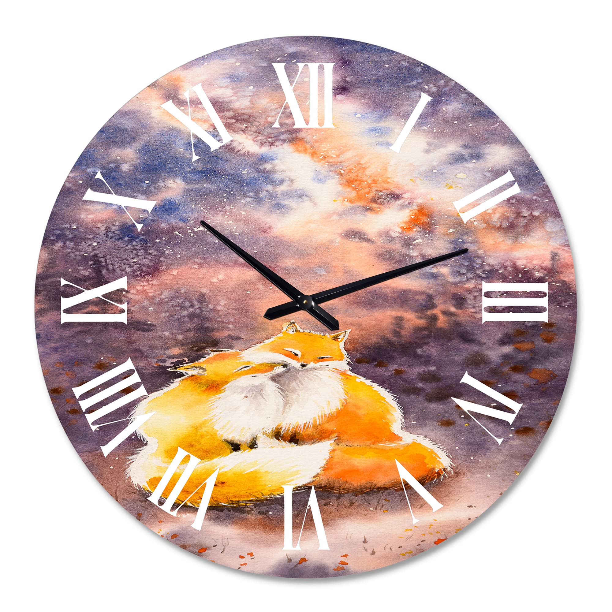 DesignQ Kids' Wall Clock - 'Hugging Foxes Under Night Sky' Animal-Themed Large Silent Non-Ticking Wall Clock for Nursery, Bedroom & Office Decor | Perfect Gift for Children's Room & Classroom
