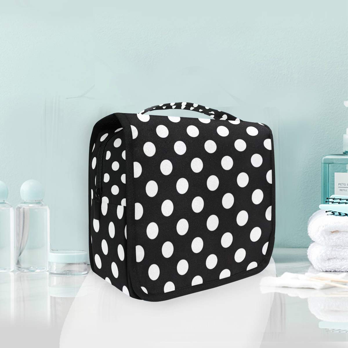 AGONA Hanging Toiletry Bag for Women & Men - Black White Polka Dot Travel Cosmetic Organizer with Sturdy Hook | Portable Makeup Pouch for Bathroom, Gym, Camping & Vacation Essentials Storage