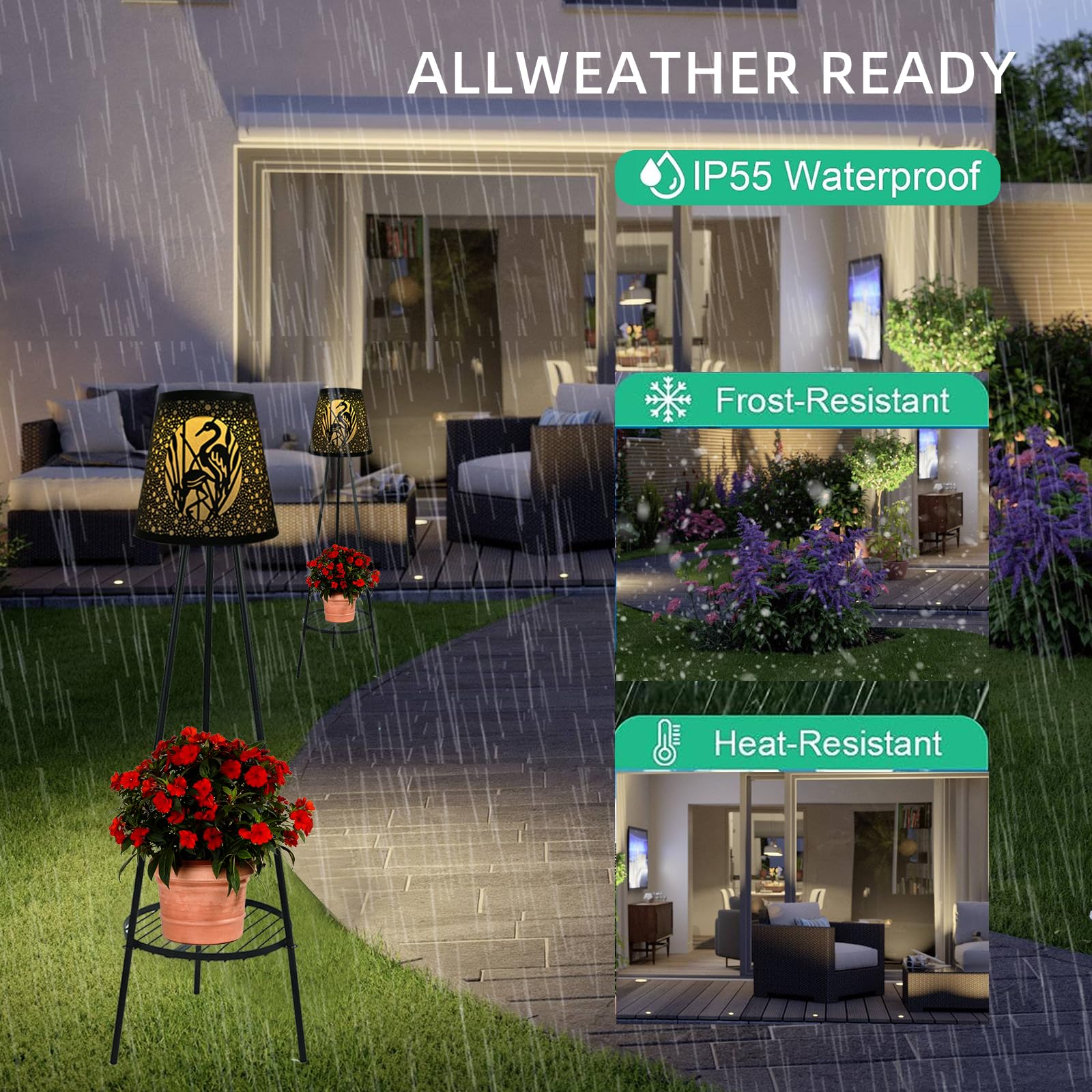 EYZH 2 Pack Solar Floor Lamp Lights with Metal Plant Stand - Outdoor LED Lantern for Yard, Porch, Deck & Backyard Decoration | Flamingo Design, Weatherproof & Solar Powered for Patio, Garden & Pathway Lighting