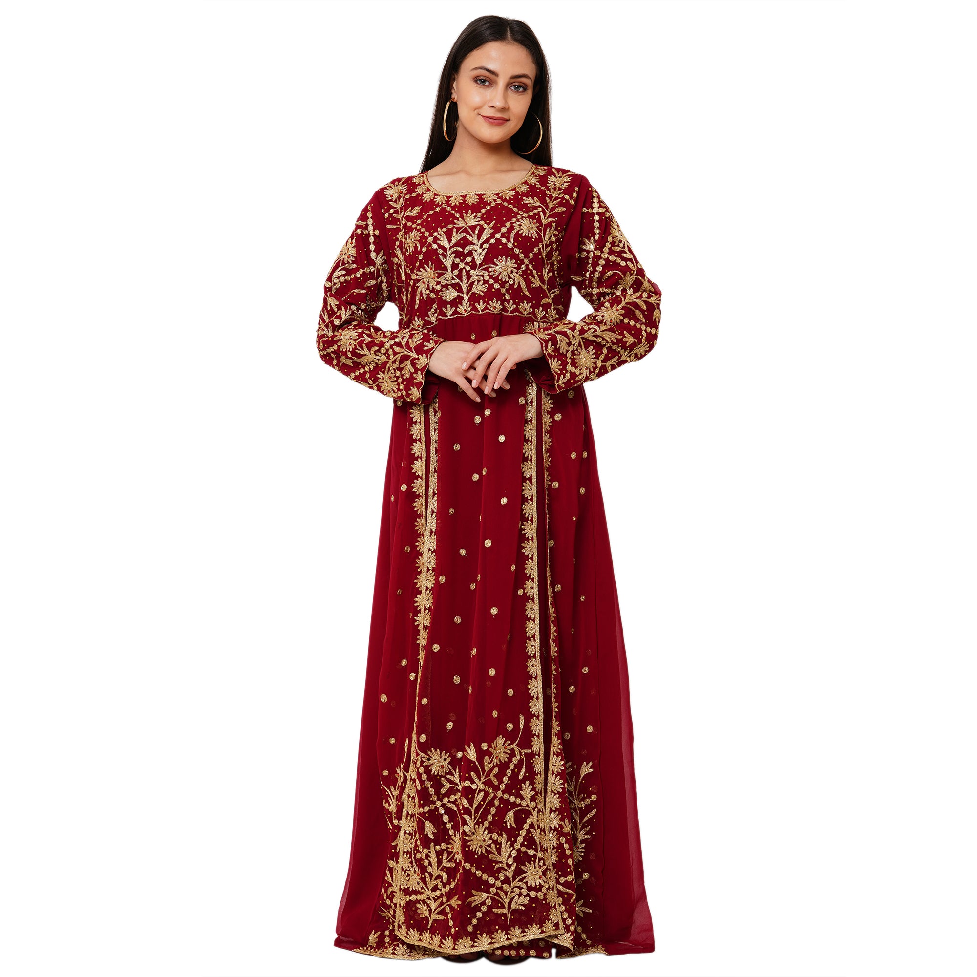 Elegant Arabian Gown for Cocktail Party - Long Sleeve Flowy Maxi Dress for Women, Perfect for Evening Events, Weddings & Special Occasions