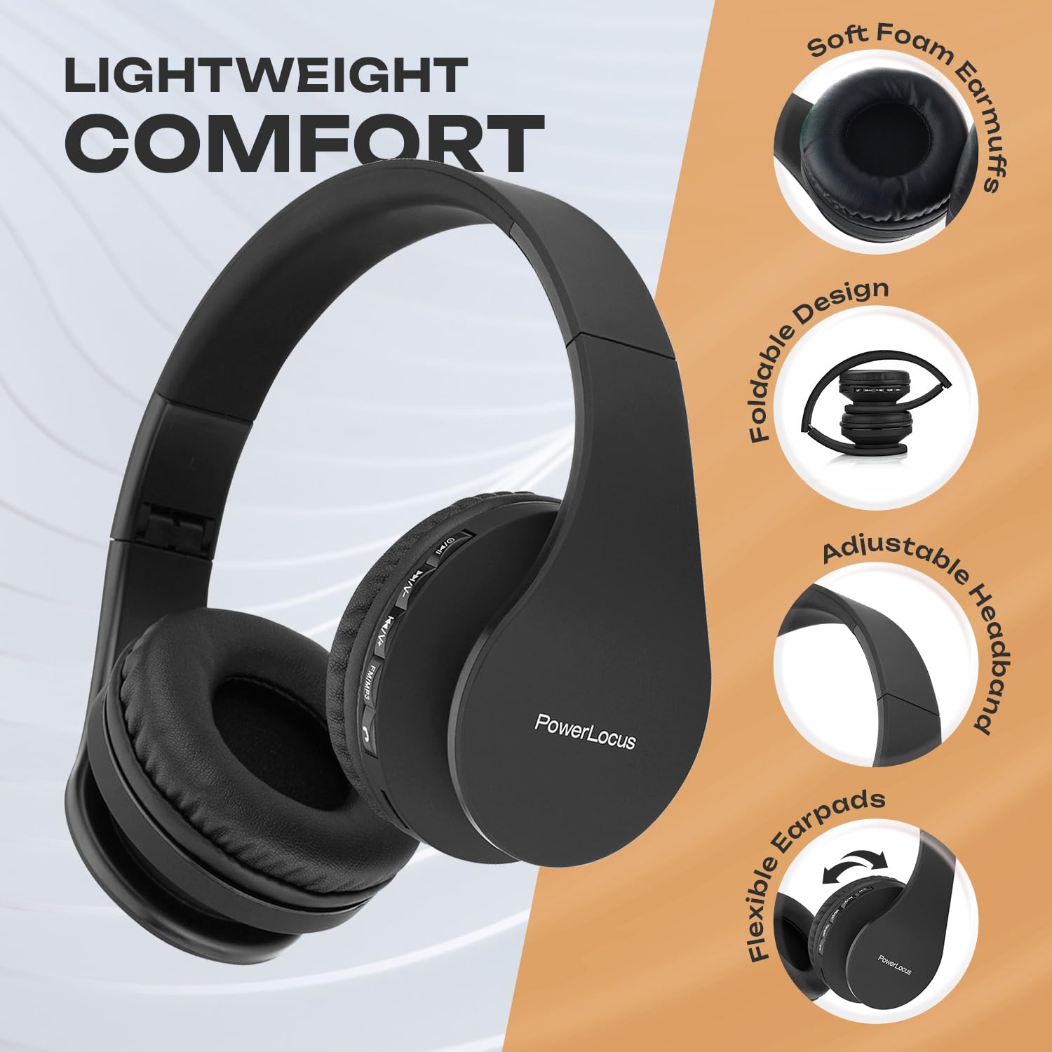 PowerLocus Wireless Bluetooth Over-Ear Headphones with Noise Cancelling, Foldable Stereo Headset with Built-in Mic for iPhone, Samsung, LG, iPad - Perfect for Travel, Work & Gaming (Black)