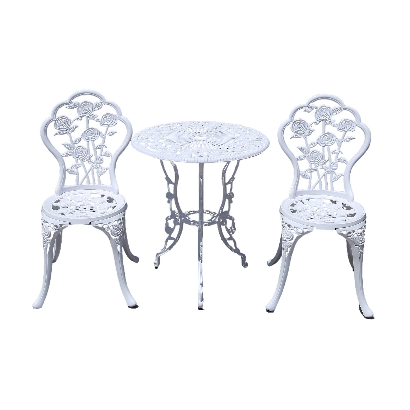 White Outdoor Bistro Set with Rose Pattern - 1 Table & 2 Chairs for Garden, Patio, Porch | Perfect for Small Spaces, Balcony Dining & Backyard Tea Parties