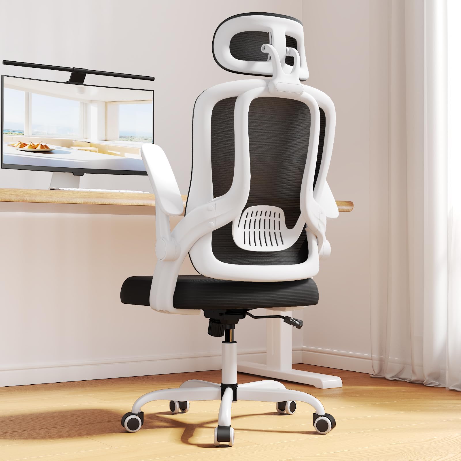 Ergonomic High Back Office Chair with Flip-Up Armrests & Lumbar Support - Adjustable Mesh Executive Desk Chair for Home Office - Perfect for Long Work Hours & Video Conferencing (White)