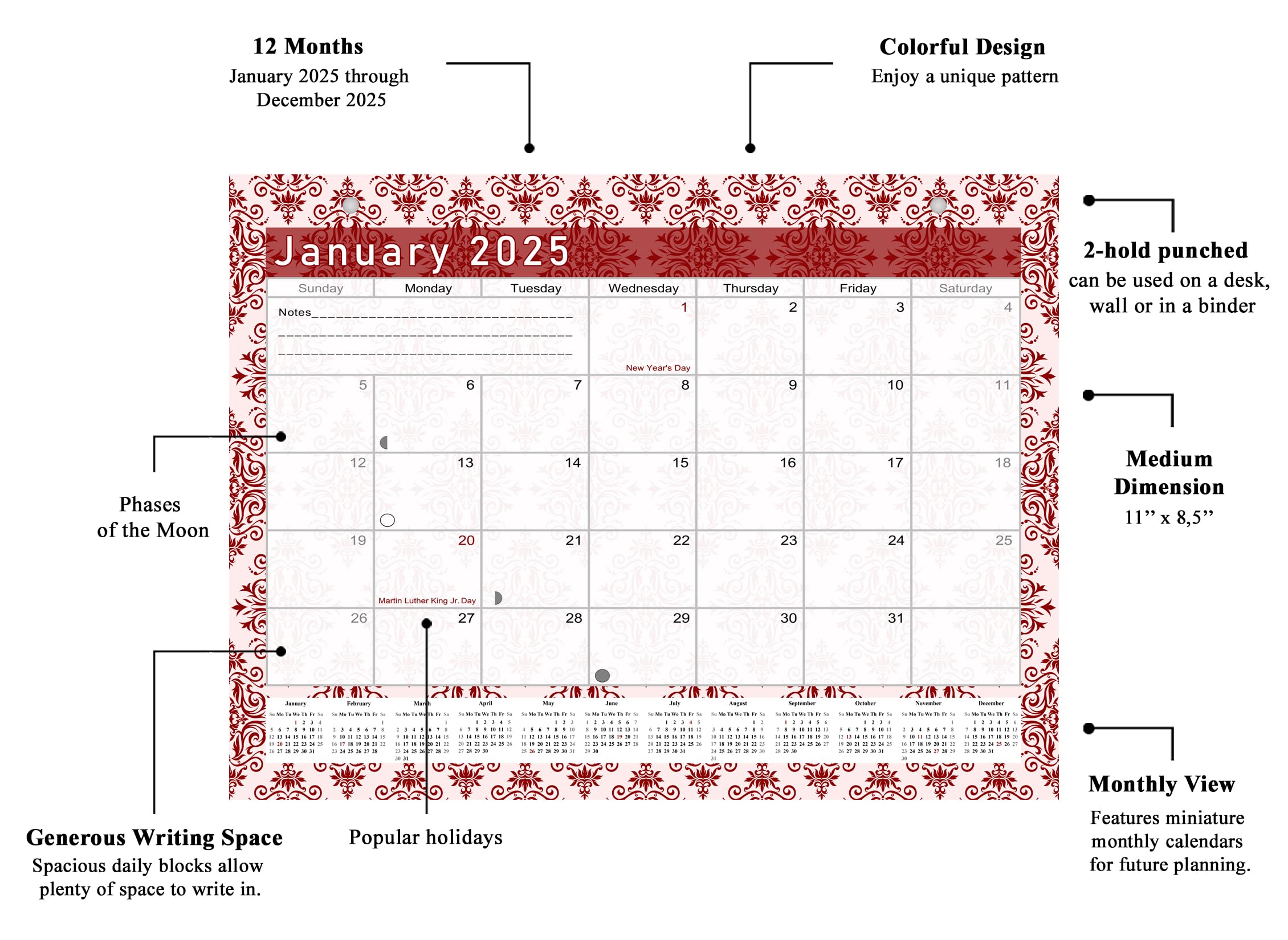 2025 Monthly Calendar Planner - 12 Months Student Academic Organizer for 3-Ring Binder, Desk or Wall | Perfect for School, Office & Home Planning (v005)